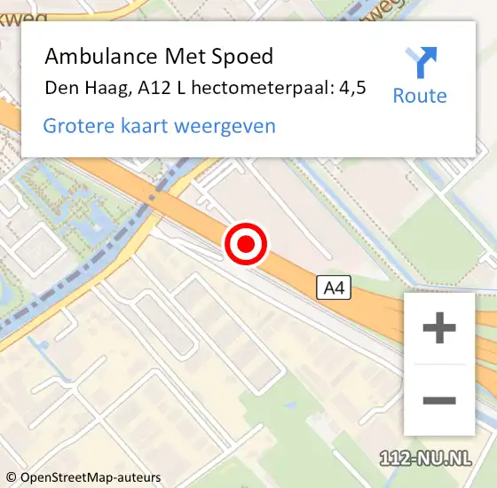 Locatie op kaart van de 112 melding: Ambulance Met Spoed Naar Den Haag, A12 L hectometerpaal: 4,5 op 18 februari 2019 08:35