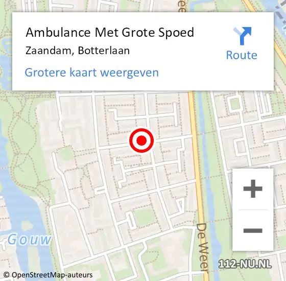 Locatie op kaart van de 112 melding: Ambulance Met Grote Spoed Naar Zaandam, Botterlaan op 20 februari 2019 12:57