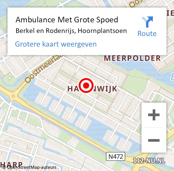 Locatie op kaart van de 112 melding: Ambulance Met Grote Spoed Naar Berkel en Rodenrijs, Hoornplantsoen op 21 februari 2019 00:28