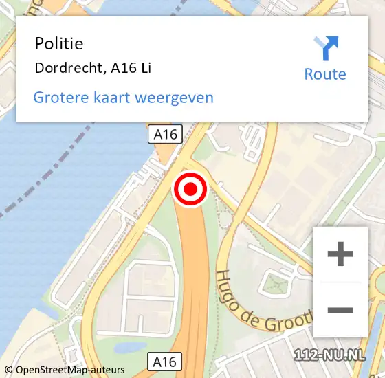 Locatie op kaart van de 112 melding: Politie Dordrecht, A16 Li op 22 februari 2019 07:14
