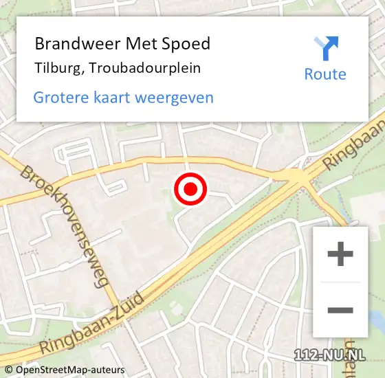 Locatie op kaart van de 112 melding: Brandweer Met Spoed Naar Tilburg, Troubadourplein op 23 februari 2019 21:34
