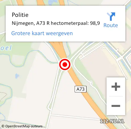 Locatie op kaart van de 112 melding: Politie Nijmegen, A73 R hectometerpaal: 98,9 op 24 februari 2019 15:44