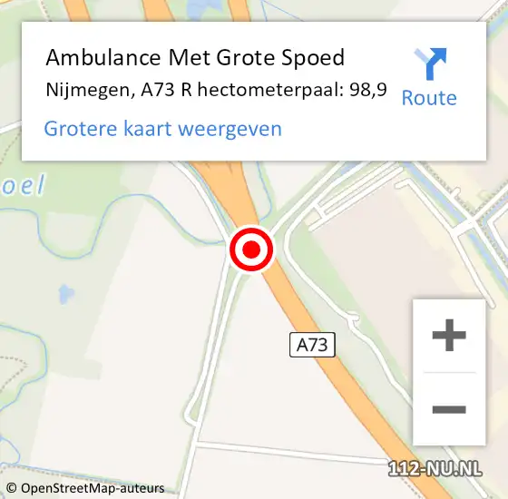 Locatie op kaart van de 112 melding: Ambulance Met Grote Spoed Naar Nijmegen, A73 R hectometerpaal: 98,9 op 24 februari 2019 15:45