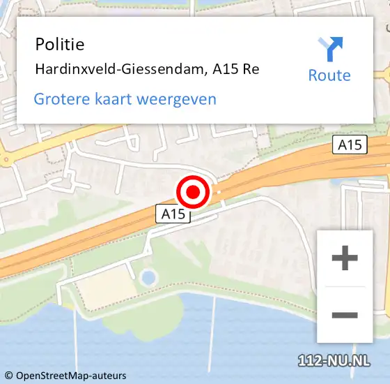 Locatie op kaart van de 112 melding: Politie Hardinxveld-Giessendam, A15 Re op 25 februari 2019 11:24