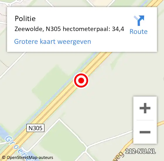 Locatie op kaart van de 112 melding: Politie Zeewolde, N305 hectometerpaal: 38,6 op 27 februari 2019 13:30