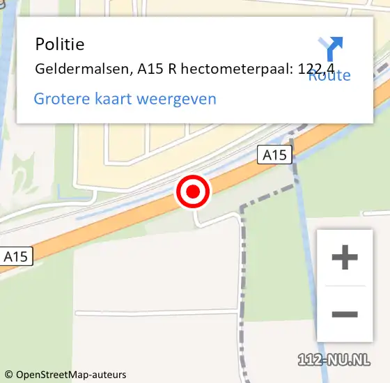 Locatie op kaart van de 112 melding: Politie Geldermalsen, A15 R hectometerpaal: 122,4 op 27 februari 2019 13:52