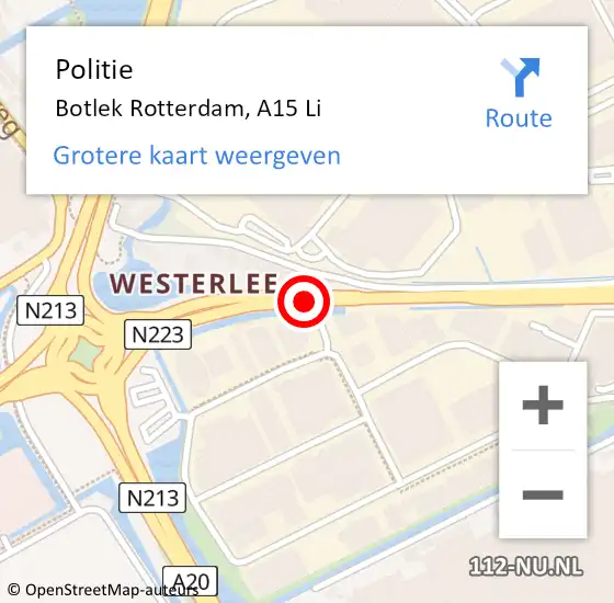 Locatie op kaart van de 112 melding: Politie Botlek Rotterdam, A15 Li op 1 maart 2019 07:37