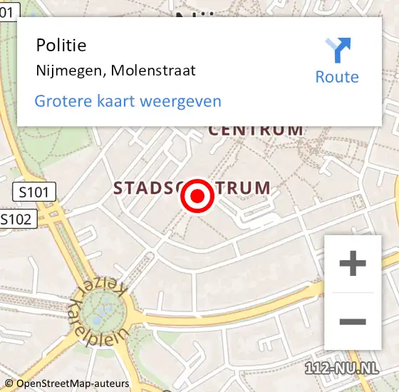 Locatie op kaart van de 112 melding: Politie Nijmegen, Molenstraat op 3 maart 2019 21:49