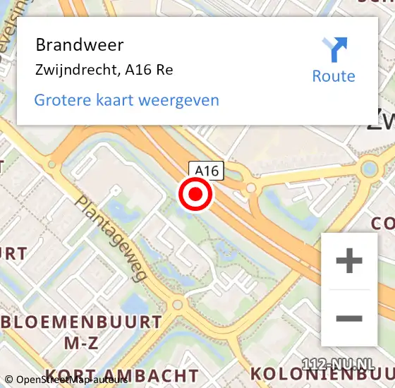 Locatie op kaart van de 112 melding: Brandweer Zwijndrecht, A16 Re op 7 maart 2019 10:41