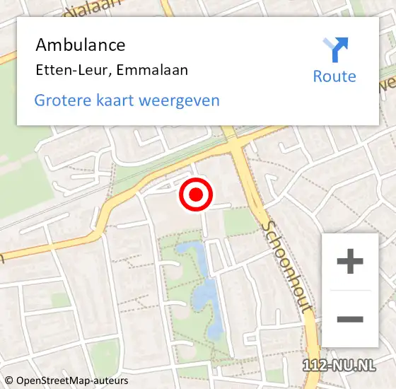 Locatie op kaart van de 112 melding: Ambulance Etten-Leur, Emmalaan op 8 maart 2019 11:43