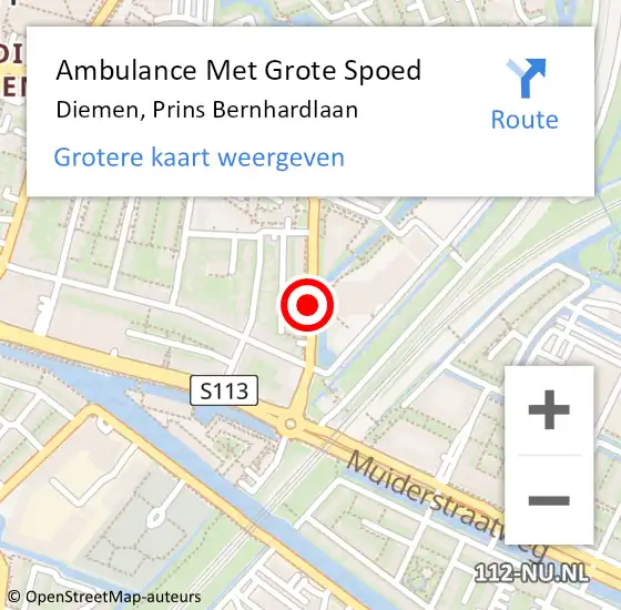 Locatie op kaart van de 112 melding: Ambulance Met Grote Spoed Naar Diemen, Prins Bernhardlaan op 9 maart 2019 13:53