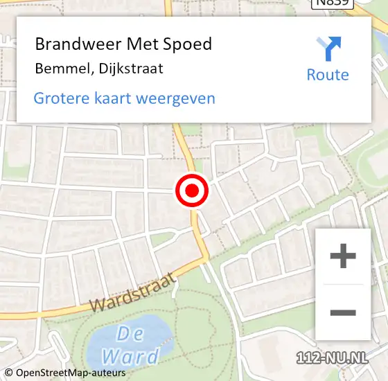 Locatie op kaart van de 112 melding: Brandweer Met Spoed Naar Bemmel, Dijkstraat op 9 maart 2019 18:53