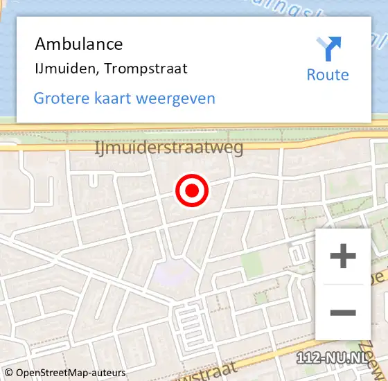 Locatie op kaart van de 112 melding: Ambulance IJmuiden, Trompstraat op 11 maart 2019 00:34