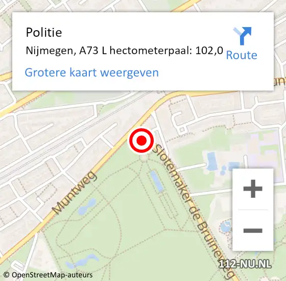 Locatie op kaart van de 112 melding: Politie Nijmegen, A73 L hectometerpaal: 102,0 op 14 maart 2019 10:23
