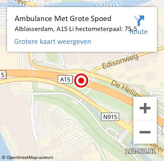 Locatie op kaart van de 112 melding: Ambulance Met Grote Spoed Naar Alblasserdam, A15 Li hectometerpaal: 75,5 op 15 maart 2019 11:51