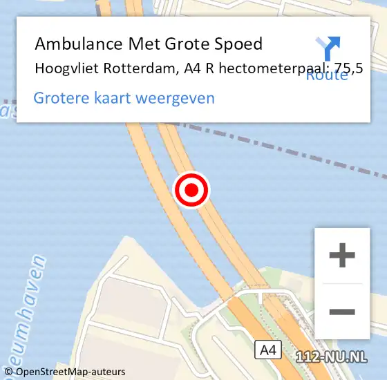 Locatie op kaart van de 112 melding: Ambulance Met Grote Spoed Naar Hoogvliet Rotterdam, A4 R hectometerpaal: 75,5 op 15 maart 2019 11:57