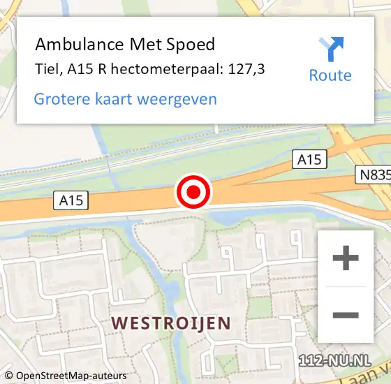 Locatie op kaart van de 112 melding: Ambulance Met Spoed Naar Tiel, A15 R hectometerpaal: 127,3 op 15 maart 2019 23:16