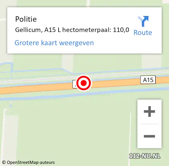 Locatie op kaart van de 112 melding: Politie Gellicum, A15 L hectometerpaal: 110,0 op 19 maart 2019 13:48