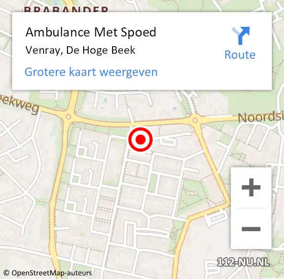 Locatie op kaart van de 112 melding: Ambulance Met Spoed Naar Venray, De Hoge Beek op 21 maart 2019 14:06