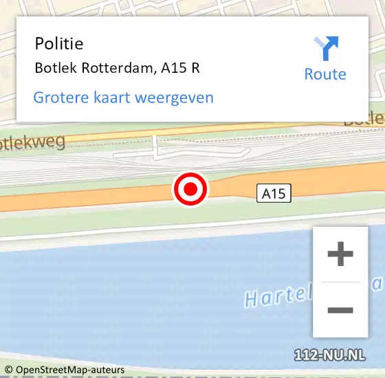 Locatie op kaart van de 112 melding: Politie Botlek Rotterdam, A15 R op 22 maart 2019 09:19