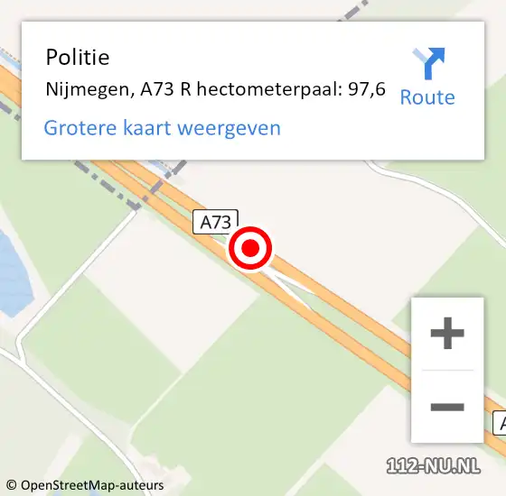 Locatie op kaart van de 112 melding: Politie Nijmegen, A73 R hectometerpaal: 97,6 op 22 maart 2019 10:58