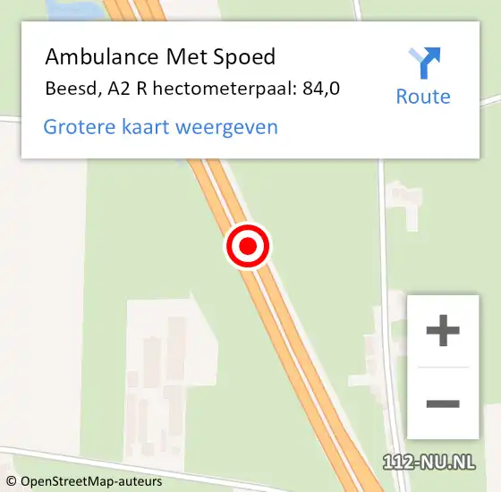 Locatie op kaart van de 112 melding: Ambulance Met Spoed Naar Beesd, A2 R hectometerpaal: 84,0 op 22 maart 2019 19:28