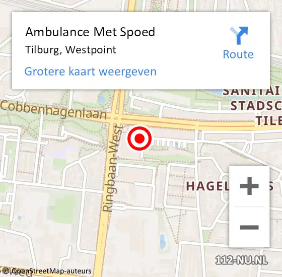 Locatie op kaart van de 112 melding: Ambulance Met Spoed Naar Tilburg, Westpoint op 24 maart 2019 19:06