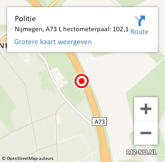 Locatie op kaart van de 112 melding: Politie Nijmegen, A73 L hectometerpaal: 102,1 op 26 maart 2019 18:52