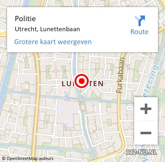 Locatie op kaart van de 112 melding: Politie Utrecht, Lunettenbaan op 29 maart 2019 09:40