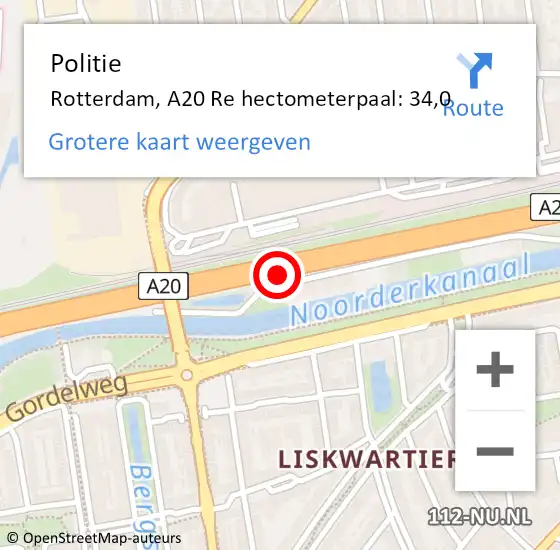 Locatie op kaart van de 112 melding: Politie Rotterdam, A20 Re hectometerpaal: 34,0 op 30 maart 2019 01:56