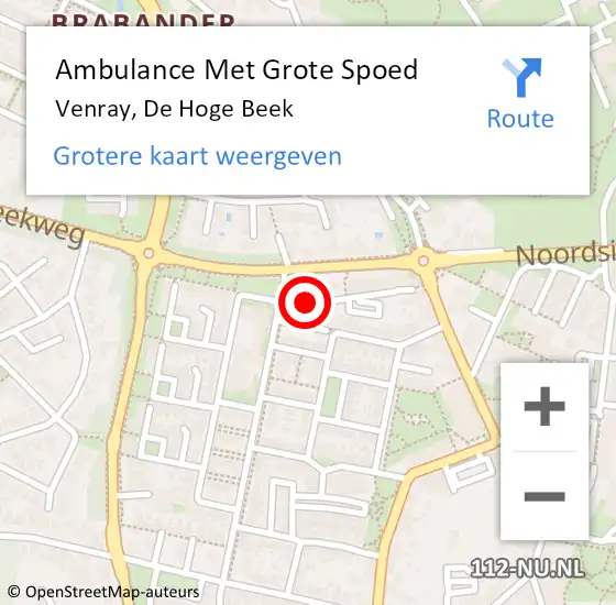 Locatie op kaart van de 112 melding: Ambulance Met Grote Spoed Naar Venray, De Hoge Beek op 30 maart 2019 13:47