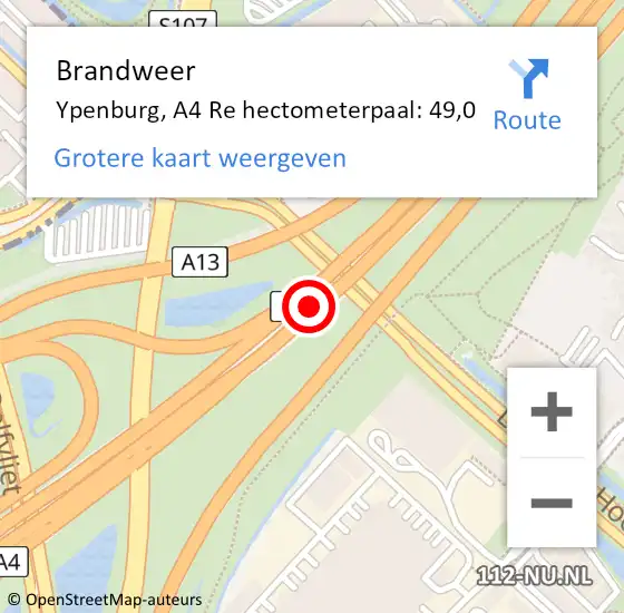 Locatie op kaart van de 112 melding: Brandweer Ypenburg, A4 Li hectometerpaal: 49,0 op 1 april 2019 14:41