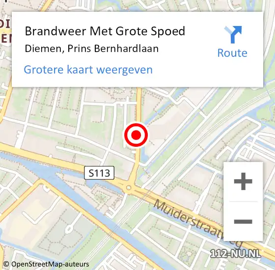 Locatie op kaart van de 112 melding: Brandweer Met Grote Spoed Naar Diemen, Prins Bernhardlaan op 1 april 2019 22:52