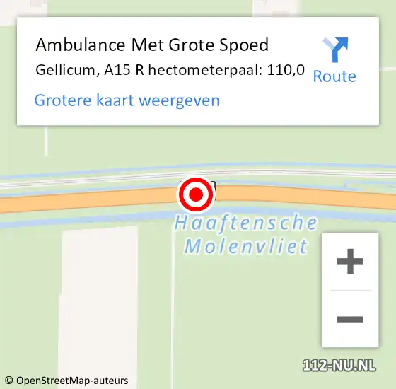 Locatie op kaart van de 112 melding: Ambulance Met Grote Spoed Naar Gellicum, A15 R hectometerpaal: 110,0 op 2 april 2019 06:48