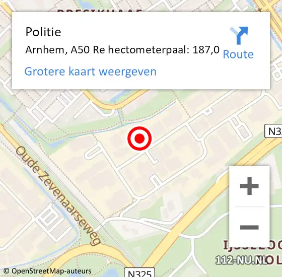 Locatie op kaart van de 112 melding: Politie Arnhem, A50 Re hectometerpaal: 184,6 op 2 april 2019 08:16