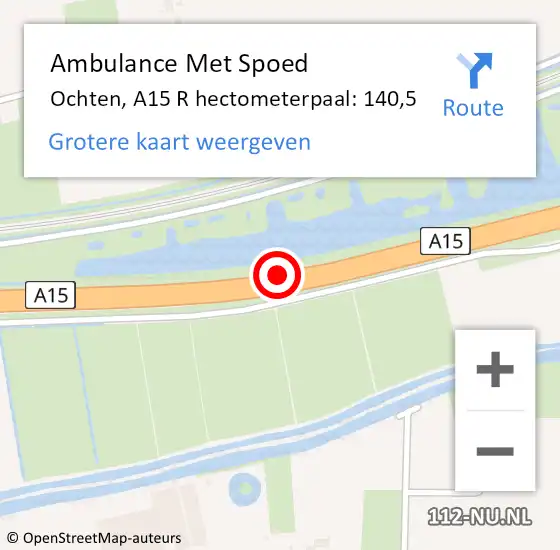 Locatie op kaart van de 112 melding: Ambulance Met Spoed Naar Ochten, A15 R hectometerpaal: 140,5 op 3 april 2019 22:15