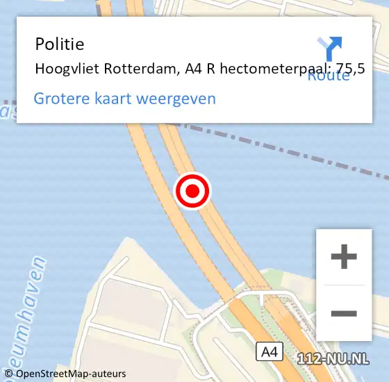 Locatie op kaart van de 112 melding: Politie Hoogvliet Rotterdam, A4 R hectometerpaal: 75,5 op 9 april 2019 14:19