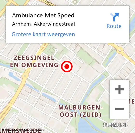 Locatie op kaart van de 112 melding: Ambulance Met Spoed Naar Arnhem, Akkerwindestraat op 10 april 2019 22:16