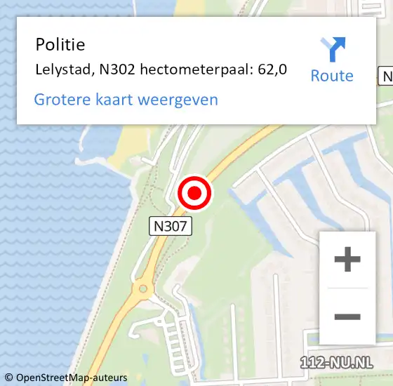 Locatie op kaart van de 112 melding: Politie Lelystad, N302 hectometerpaal: 62,0 op 15 april 2019 12:32