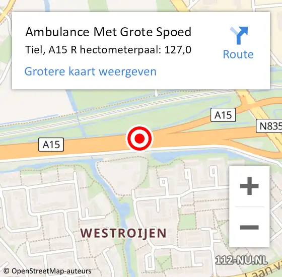 Locatie op kaart van de 112 melding: Ambulance Met Grote Spoed Naar Tiel, A15 R hectometerpaal: 127,0 op 15 april 2019 20:18