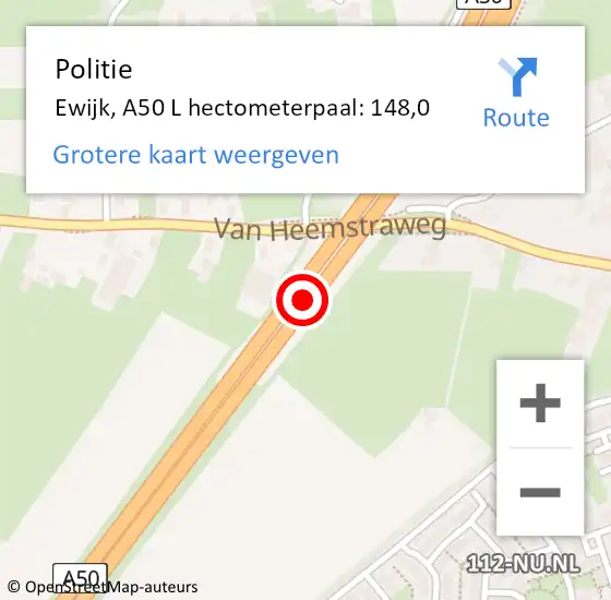 Locatie op kaart van de 112 melding: Politie Ewijk, A50 L hectometerpaal: 148,0 op 16 april 2019 13:44