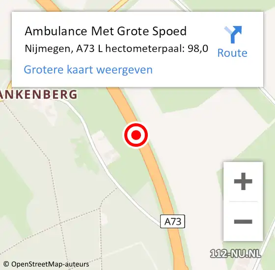 Locatie op kaart van de 112 melding: Ambulance Met Grote Spoed Naar Nijmegen, A73 L hectometerpaal: 98,0 op 21 april 2019 15:11