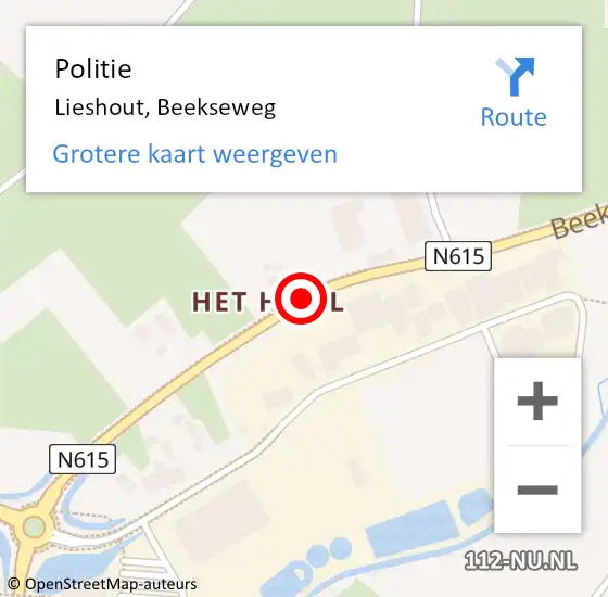 Locatie op kaart van de 112 melding: Politie Lieshout, Beekseweg op 30 april 2019 07:42