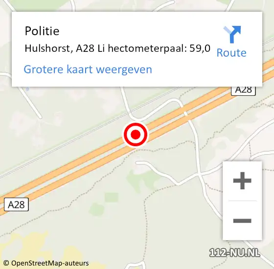 Locatie op kaart van de 112 melding: Politie Hulshorst, A28 Li hectometerpaal: 59,0 op 4 mei 2019 17:48