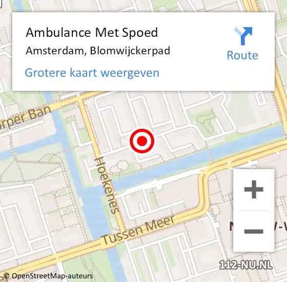 Locatie op kaart van de 112 melding: Ambulance Met Spoed Naar Amsterdam, Blomwijckerpad op 6 mei 2019 09:06