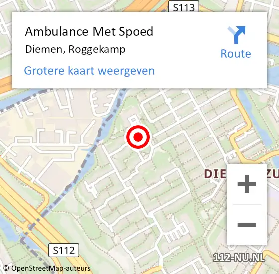 Locatie op kaart van de 112 melding: Ambulance Met Spoed Naar Diemen, Roggekamp op 6 mei 2019 14:30