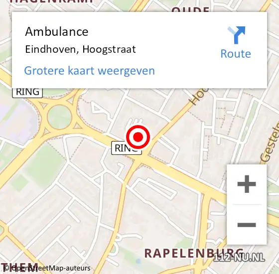 Locatie op kaart van de 112 melding: Ambulance Eindhoven, Hoogstraat op 6 mei 2019 17:04