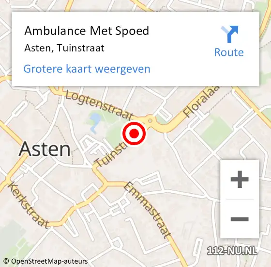 Locatie op kaart van de 112 melding: Ambulance Met Spoed Naar Asten, Tuinstraat op 7 mei 2019 08:28