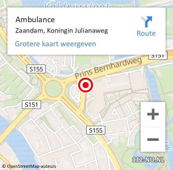Locatie op kaart van de 112 melding: Ambulance Zaandam, Koningin Julianaweg op 8 mei 2019 07:19