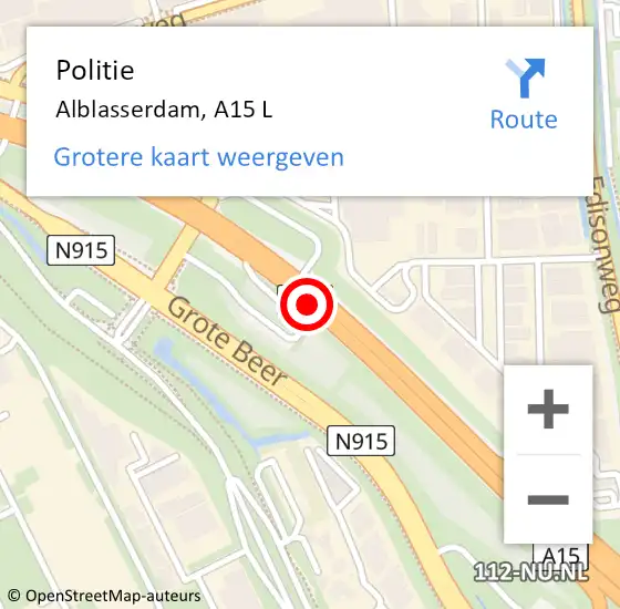 Locatie op kaart van de 112 melding: Politie Alblasserdam, A15 L op 8 mei 2019 11:59